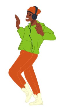 Hippi çocuk kulaklıkla müzik dinliyor, adam dans ediyor ve favori şarkının tadını çıkarıyor. Hip hop, rap ya da RNB türü. Ergen yaşam tarzı, hobi ve rahatlama. Düz biçim illüstrasyonunda vektör
