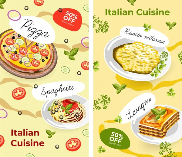 Banner Promocional Carteles Con Ventas Descuentos Cocina Italiana Restaurante Bar — Vector de stock