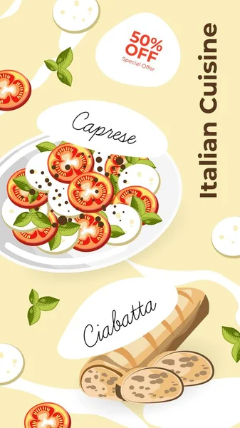 Cocina Mediterránea Comida Italiana Platos Promoción Pancarta Cartel Con Ventas — Vector de stock