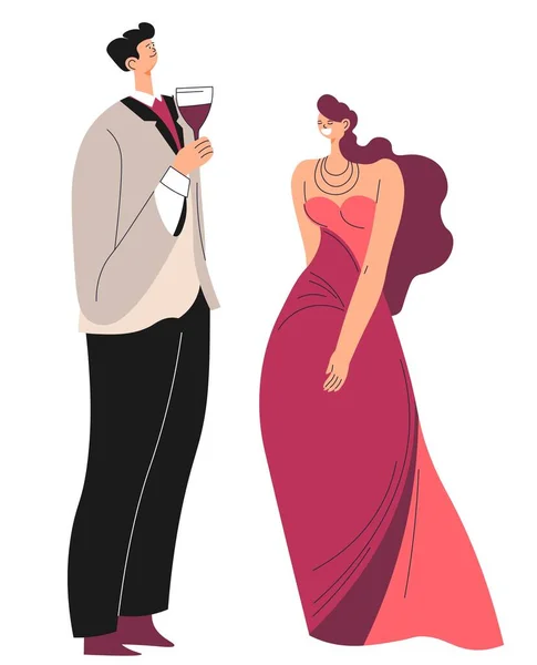 男女角色在约会或奢侈部分的交流 男人喝酒和说话的女人在优雅的长裙和珠宝 人们的服装和服装 矢量呈扁平型 — 图库矢量图片