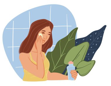 Kadın karakteri mikiler suyu uyguluyor, nemlendirici ve yaş etkisine karşı doğal organik ürün ya da jel temizliyor. Pamuk ped kullanan kozmetik ürünleri olan bir kadın. Ev prosedürü. Düz biçimli vektör