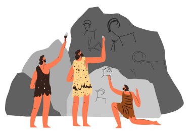 Mağara duvarlarına resim çizen insanlar, tarih öncesi sanat eserleri ve av sahnelerinin tasviri. Antika süsler ve ilkel semboller. Bufalo ve keçi figürleri. Düz biçim illüstrasyonunda vektör