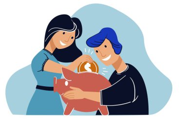 Erkek ve kadın karakter gelecek için para biriktiriyor. Erkek ve kadın, genç bir çift ya da aile kumbaraya para koyuyor. Bütçe ve muhasebe, kâr ve gelir artışı. Düz biçimli vektör