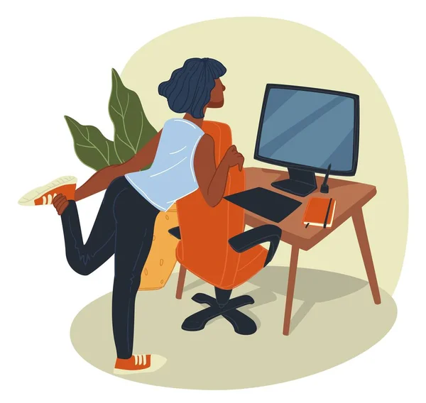 女性角色从家里工作 疲惫的女士靠电脑伸懒腰 完成工作任务的员工 办公室 精疲力竭 身体健康 身体健康 矢量呈扁平型 — 图库矢量图片