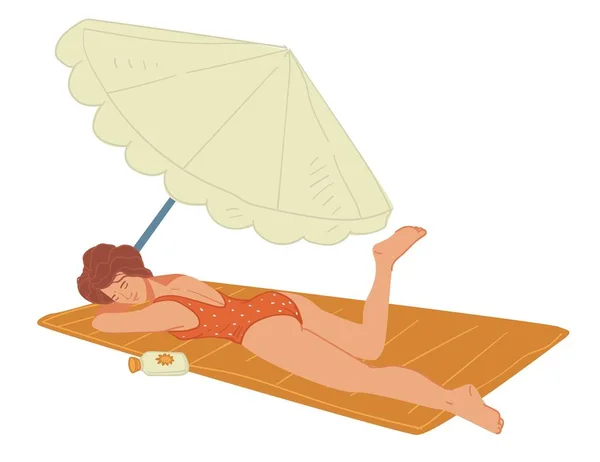 Ženská Postava Relaxace Moře Plavkách Použití Ochranného Krému Spf Opalování — Stockový vektor