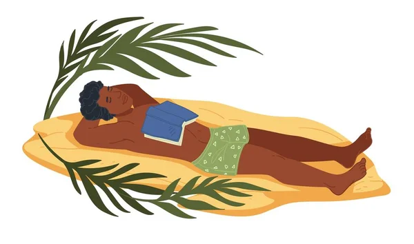 Hombre Durmiendo Playa Con Libro Hombre Aislado Usando Pantalones Cortos — Archivo Imágenes Vectoriales