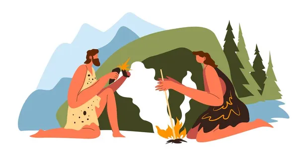Люди Пытающиеся Развести Огонь Едой Камнями Пещерные Люди Древняя Жизнь — стоковый вектор