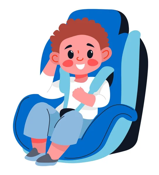 Bezpieczeństwo Ochrona Dla Dzieci Podróżujących Samochodem Mały Chłopiec Siedzący Foteliku — Wektor stockowy