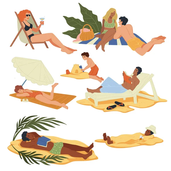 Personas Vacaciones Verano Que Pasan Tiempo Junto Mar Costa Hombres — Vector de stock