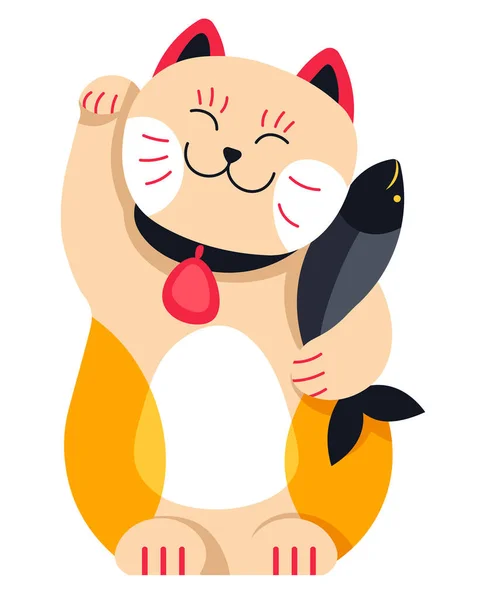 日本文化のマスコットやお守りは幸運と富をもたらします 魚と一緒に猫を振って笑顔 招き猫 東洋の伝統と信念 豊かな猫のシンボルの像 平型ベクトル — ストックベクタ