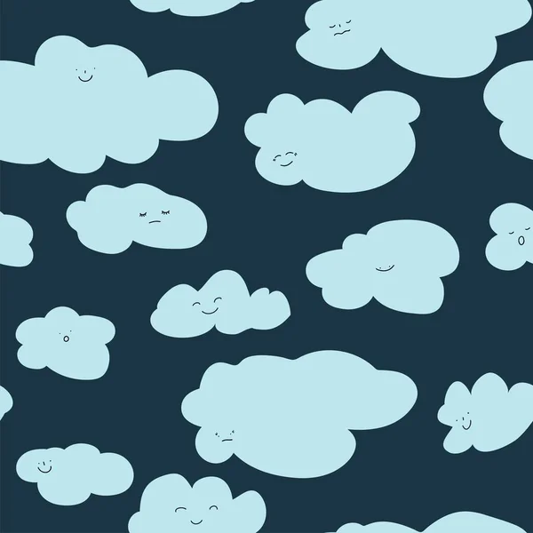 Lächelnder Wolkencharakter Flauschige Wolkenlandschaft Nahtloses Muster Figur Mit Mimik Verträumtem — Stockvektor