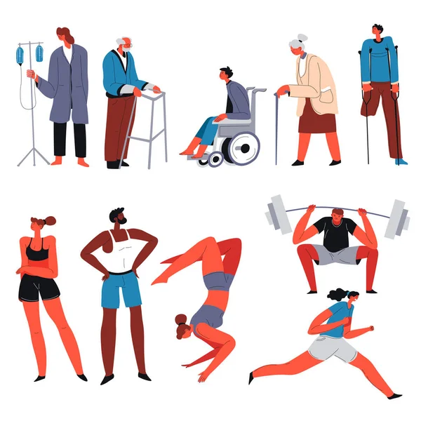 Pessoas Com Deficiência Cadeiras Rodas Que Necessitam Cuidados Tratamento Comparação — Vetor de Stock