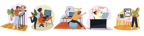 Man Vrouw Personages Stretching Lichaam Tijdens Het Werken Vanuit Huis — Stockvector
