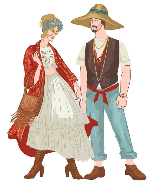 男人和女人穿着波希米亚风格的衣服 穿着时髦的衬衫和超大号的衣服 男性和女性的Boho时尚和潮流 夏天的季节性外套 矢量呈扁平型 — 图库矢量图片