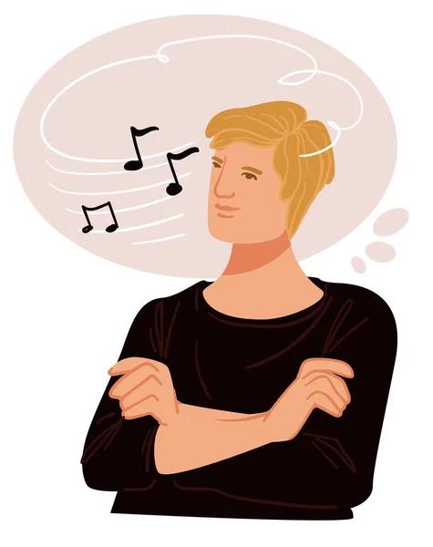 男性角色对音乐的思考 在脑海里创作歌曲 多愁善感的人头脑风暴或有表演想法的人 专业音乐家 和声或旋律 矢量呈扁平型 — 图库矢量图片