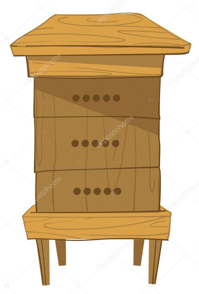 Wooden construction of langstroth hive for bees to store and keep honey and pollen. Isolated farming and apiary equipment for insect. Box with hexagonal beehives and cells. Vector in flat style