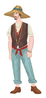 Geleneksel hasır şapka vektörü takan Çinli adam