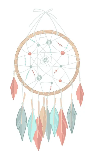 Capteur de rêves en cercle, fils et plumes — Image vectorielle