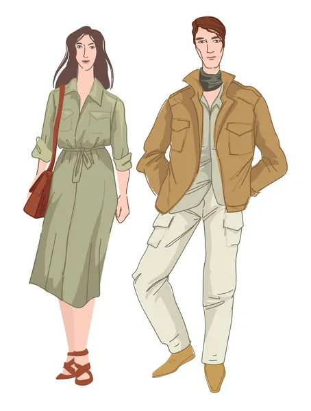 Safari ou estilo militar de roupas para homens mulheres — Vetor de Stock