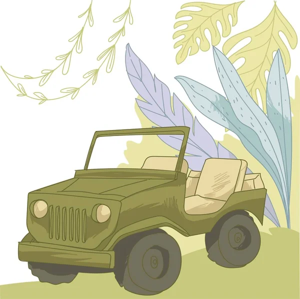 Safari jeep, transport touristique pour les promenades aventure — Image vectorielle