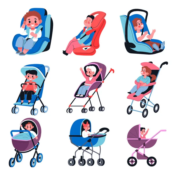 Bebés en perambuladores y sillas de coche para niños — Vector de stock