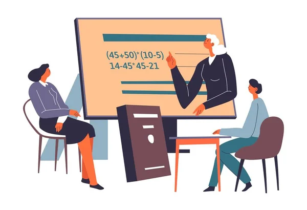 Pessoas estudando matemática em aulas, tutor e aluno — Vetor de Stock