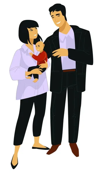 Familia europea del hombre y la mujer bebé en las manos — Vector de stock