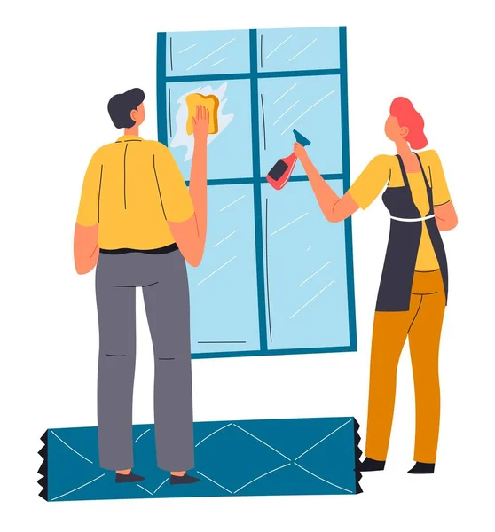 Homme et femme rangeant la maison, nettoyant vitre — Image vectorielle