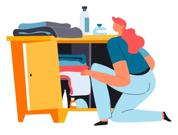 Dona de casa ocupada com tarefas domésticas, mulher com roupas —  Vetores de Stock