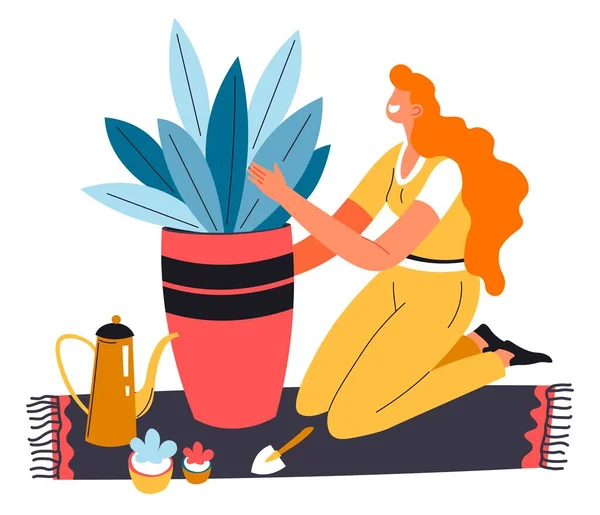 Dona de casa cuidando de plantas, jardinagem vetor hobby — Vetor de Stock
