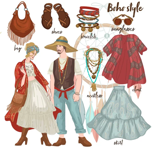 Moda y estilo bohemio para hombres y mujeres — Archivo Imágenes Vectoriales