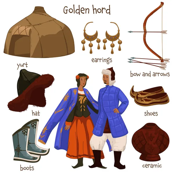 Χρυσές ορδές ανθρώπων και ρούχων, αντικείμενα του τρόπου ζωής — Διανυσματικό Αρχείο