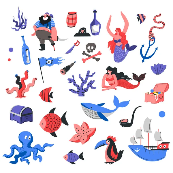 Sea and marine life, pirates and underwater life — Stock Vector