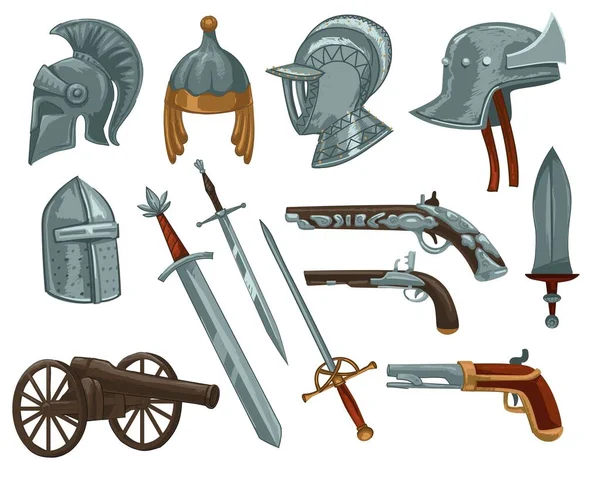 Ancient swords, weaponry and armor for knights — Stock Vector