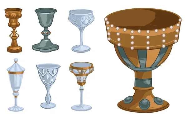 Cálice de ouro e vidro, copos e canecas decorados —  Vetores de Stock