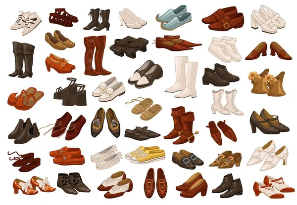Sapatos masculinos e femininos, botas vintage e retro — Vetor de Stock