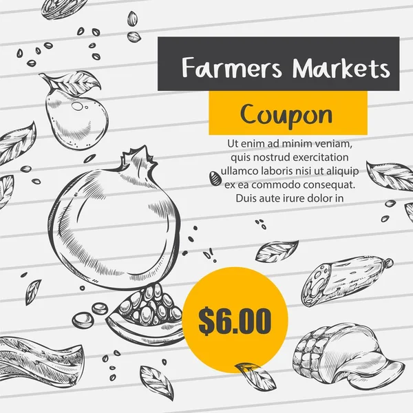 A mezőgazdasági termelők kuponokat és élelmiszerkedvezményeket értékesítenek — Stock Vector