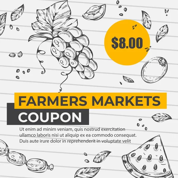 A mezőgazdasági termelők kuponokat és termékértékesítéseket értékesítenek — Stock Vector