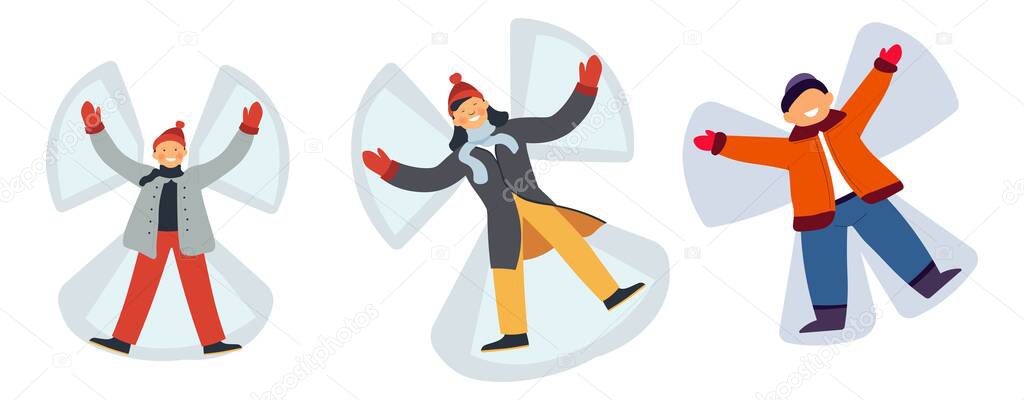 Kids playing leaving traces of snow angels vector