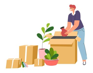 Erkek karakter taşınma için paketleme yapıyor