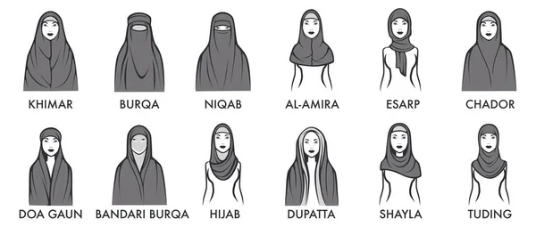 Vestiti arabi per le donne, tipi di vettore hijab — Vettoriale Stock