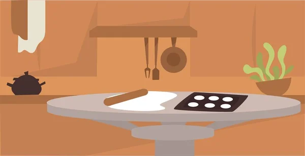 Innenarchitektur der Küche, Tisch mit Kochen — Stockvektor