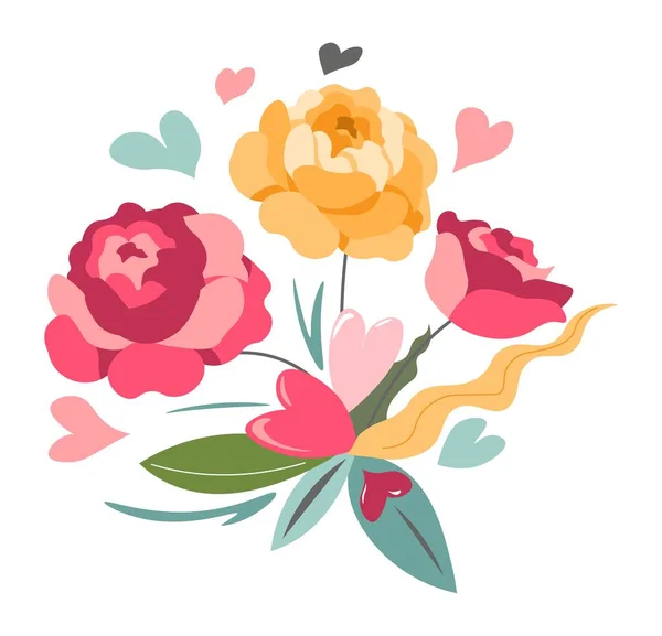 Bouquet de roses avec ruban et forme de coeur — Image vectorielle