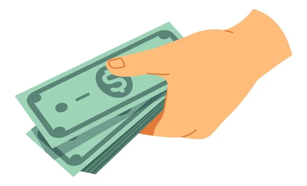 Рука держит в руке доллары, куча денег — стоковый вектор