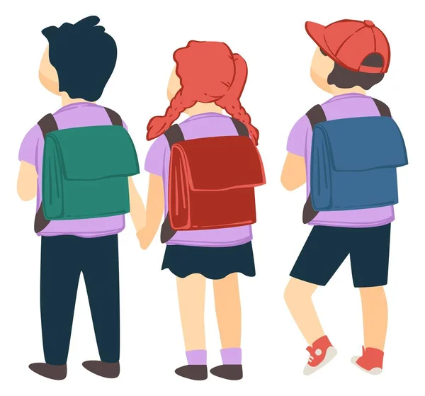 Crianças da escola com sacola em pé vista para trás — Vetor de Stock