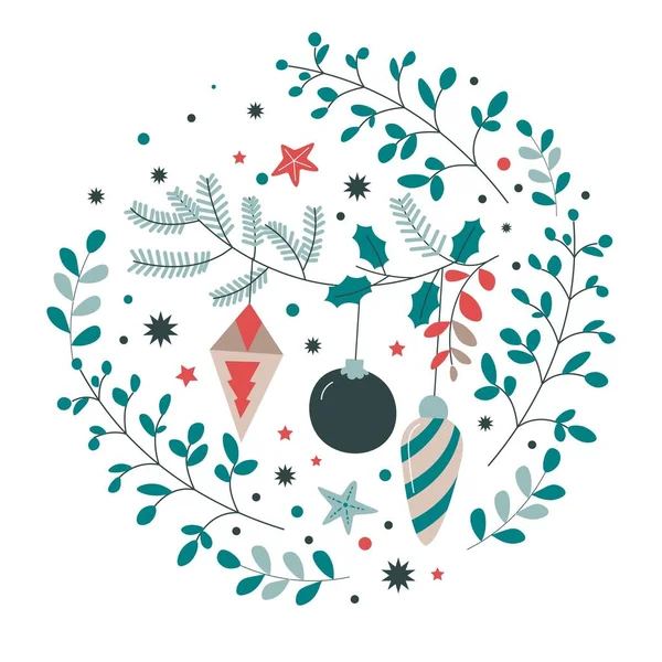 Arbres à feuilles persistantes avec boules de Noël décoratives — Image vectorielle