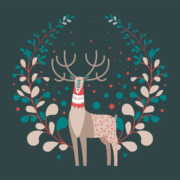 鹿皮、树叶、圣诞和新年明信片 — 图库矢量图片