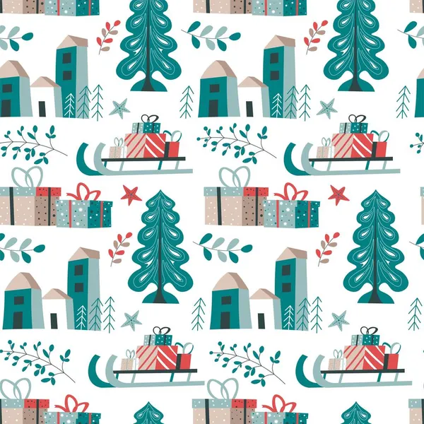 Χριστούγεννα και το νέο έτος απρόσκοπτη μοτίβο με δέντρα — Διανυσματικό Αρχείο