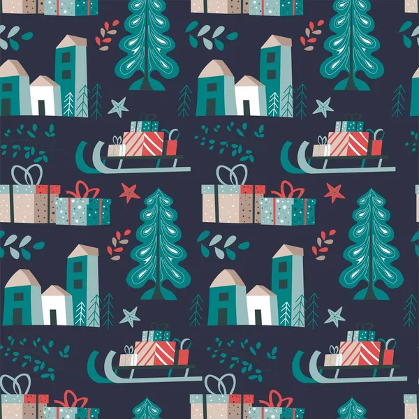 Winter city street with buildings and pine trees