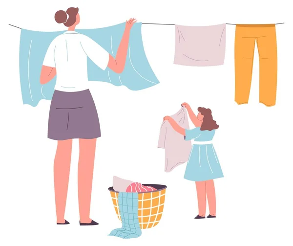 Mom menggantung pakaian dicuci, putri membantunya - Stok Vektor